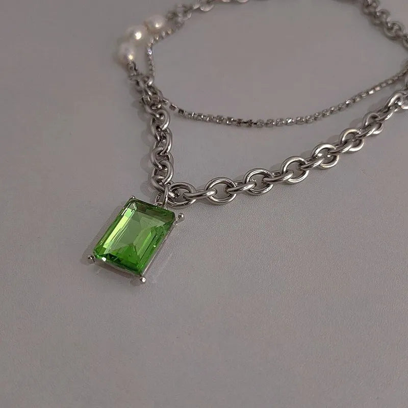 Green electroplated stainless steel multi-layer necklace with square brick geometry pendant and artificial crystal, adjustable 21-50cm chain