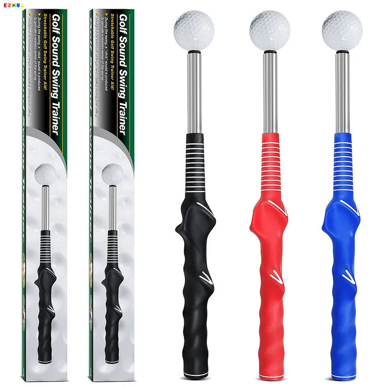 Telescopic stainless steel golf swing trainer simulator in black, blue, and red colour options
