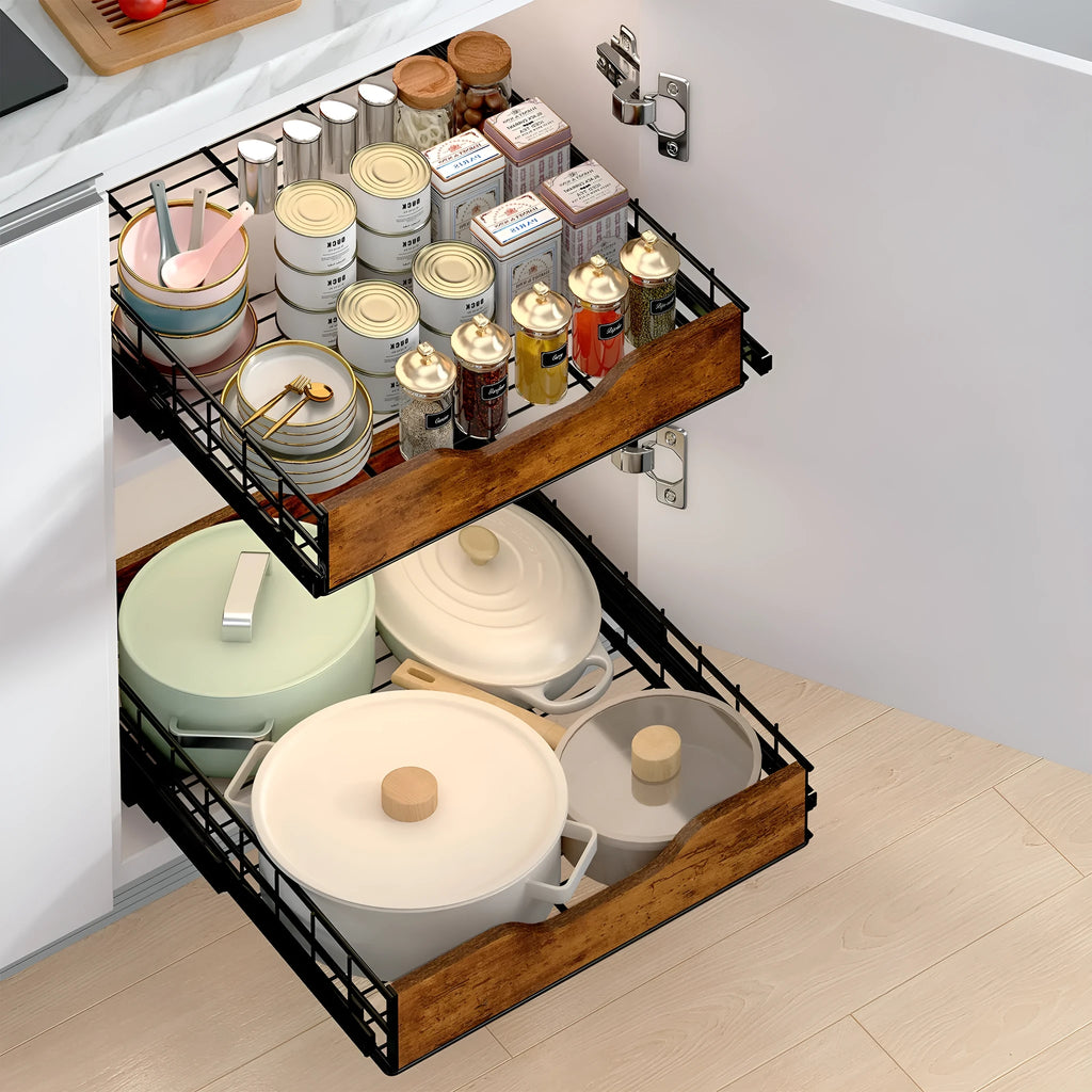 Black stackable kitchen storage rack with a pull-out woven basket drawer on a wood and iron frame.