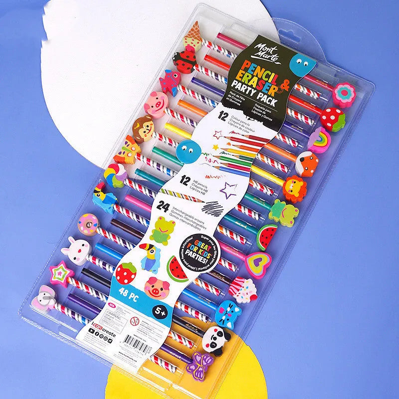 24 colour cartoon style pencils with wooden barrels in paper packaging case