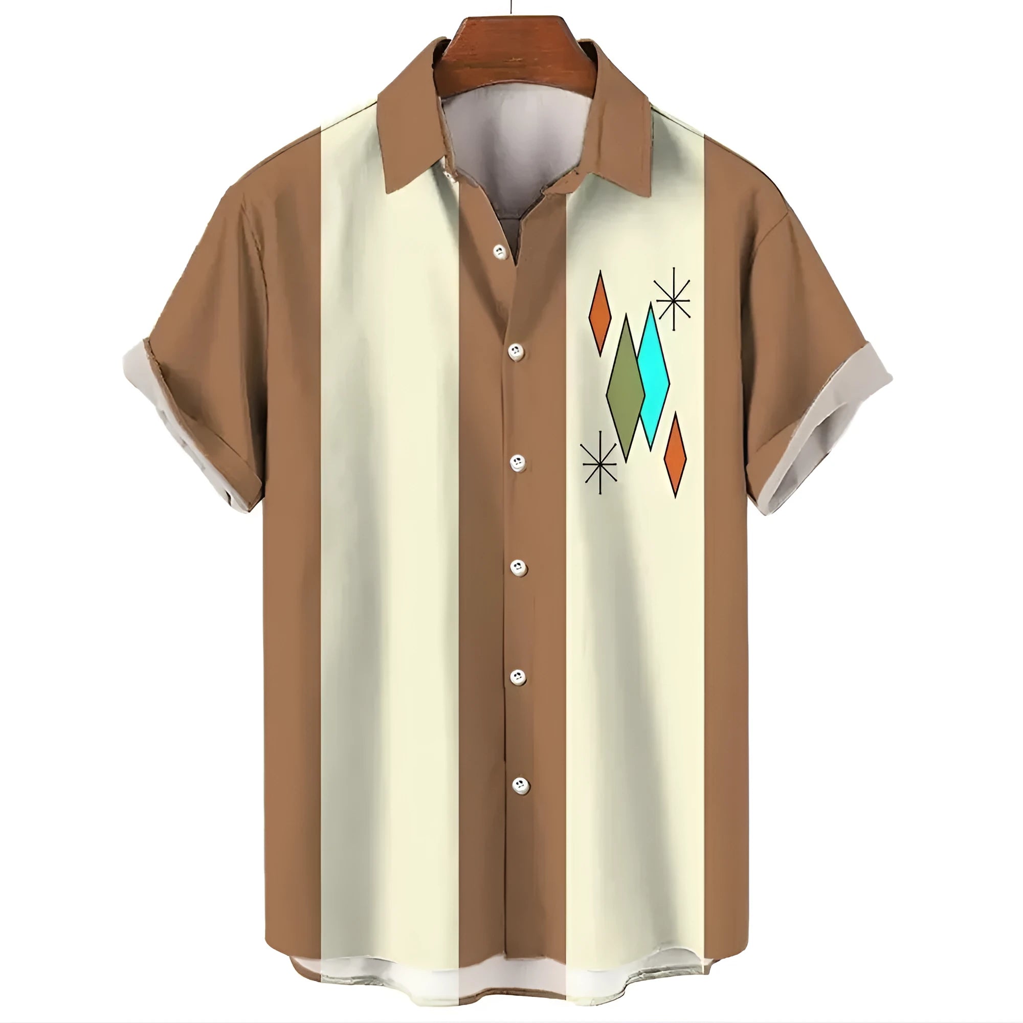Man wearing a stripe pattern short sleeve Hawaiian-style cardigan shirt in a solid colour.