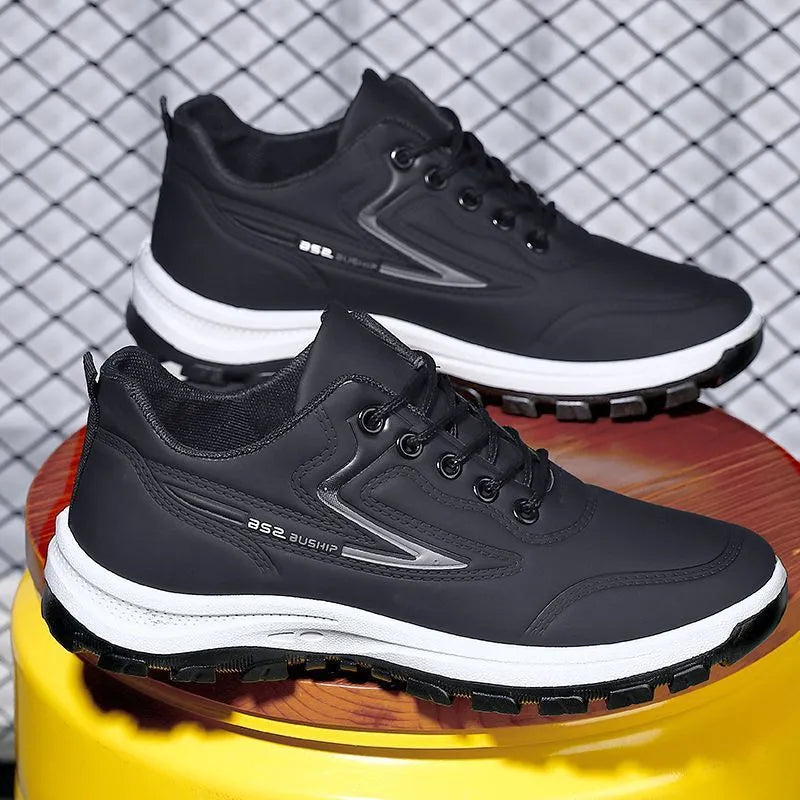 Waterproof leisure sports shoes with artificial PU upper and soft sole in black and grey colour