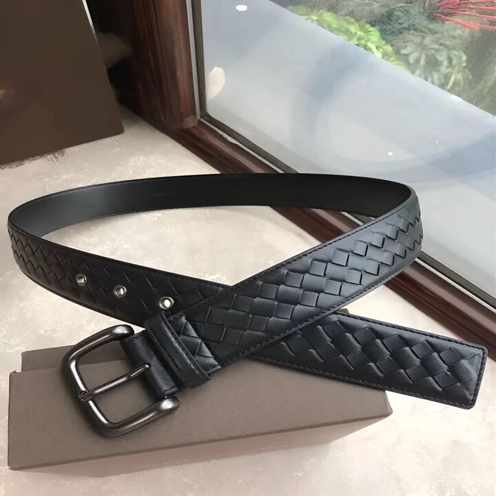 Children's top layer cowhide belt with copper needle buckle, embossed geometric pattern, coffee colour, 3.5cm width