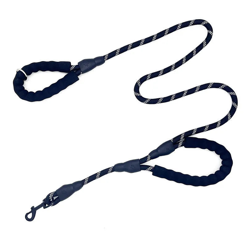 Pet dog double handle reflective nylon traction rope 1.5m x 1.2cm in black