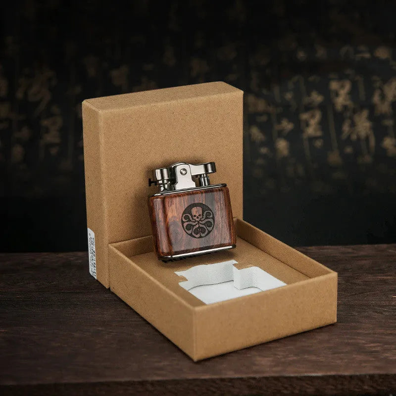 Wooden retro kerosene lighter with natural wood body, 53x50x20mm, in gift box with mahogany bamboo finish