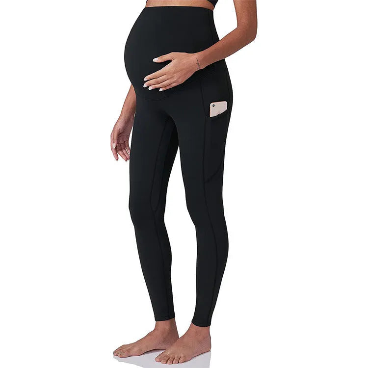 Antenatal yoga workout exercise pants in black, high elasticity polyester, tight fit with abdominal support