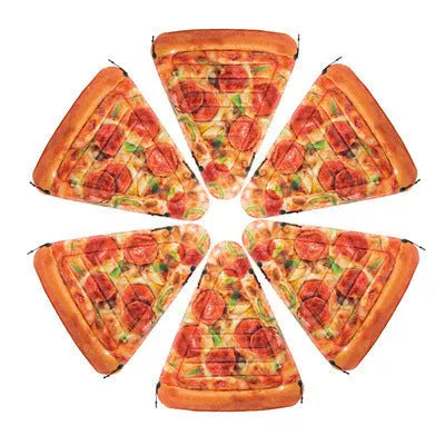 Large inflatable pizza-themed surfboard recliner floating in water