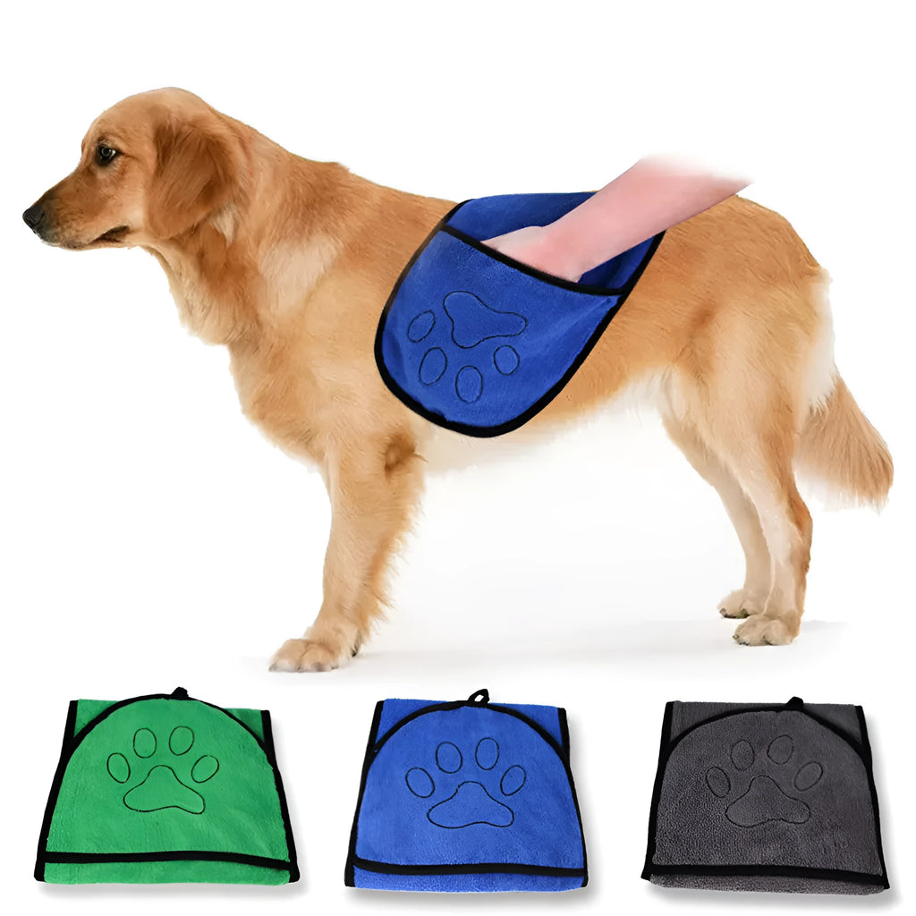 Pet absorbent dog bath towel in blue, green, and grey plain design drying a dog after bath