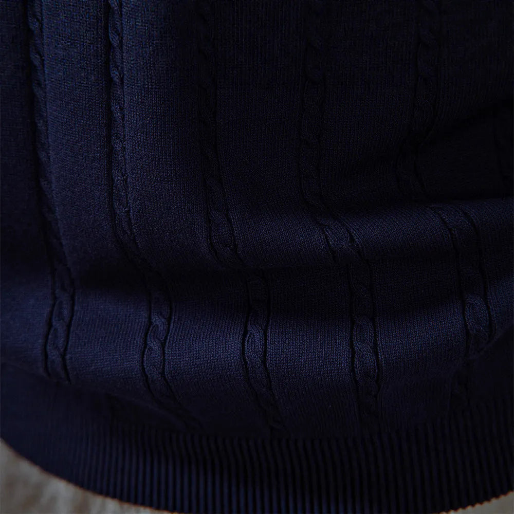 Men's V-neck twist sweater vest in dark blue, slim fit pullover style, chemical fibre blend