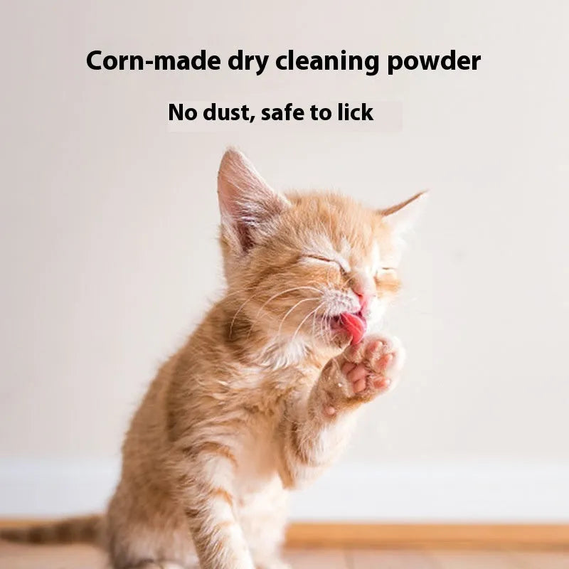 Bottle of dog dry cleaning powder deodorant in 260g size with choice of rose, orange or menthol fragrance