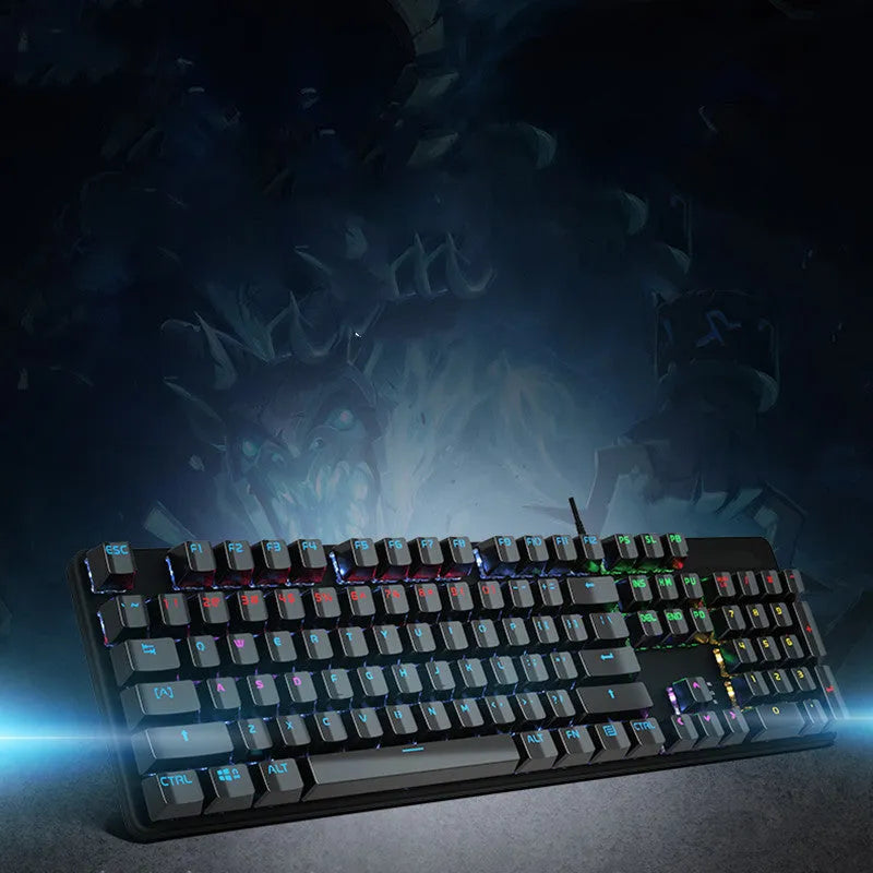 AOC GK410 black mechanical keyboard with backlit keys on a desk, showing full 104-key layout and metal construction