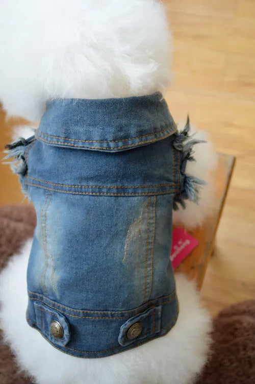 Retro scratch pattern denim dog vest in dark and light wash colours on a mannequin, showing vest style.