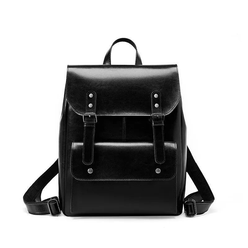 Women's leather computer backpack in black made from two-layer cowhide with hard structure
