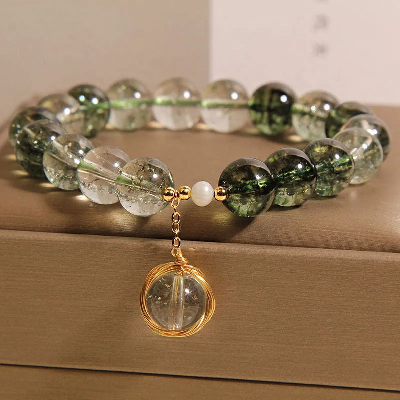 Green phantom quartz crystal bracelet with natural chorite crystals in Japanese Korean style