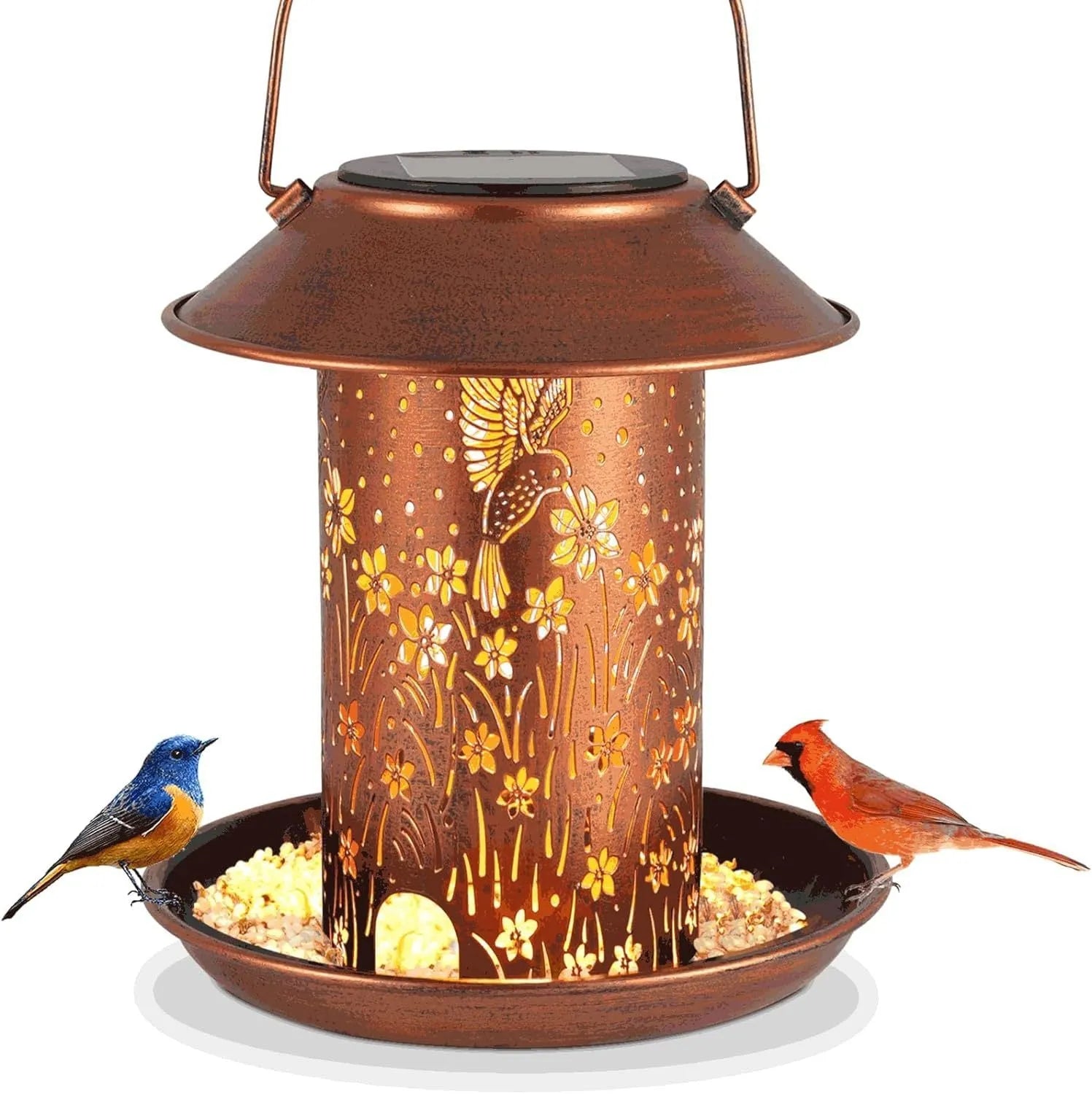 Solar-powered outdoor lamp and bird feeder with hummingbird pattern in iron art.