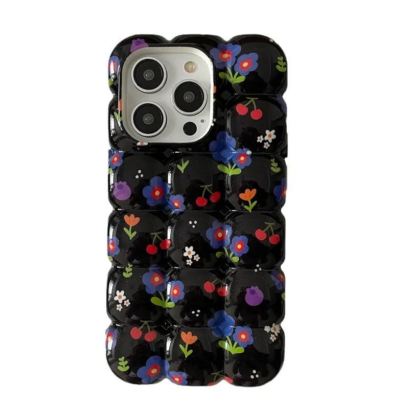 Retro cherry floral plaid TPU phone case for iPhone on black background