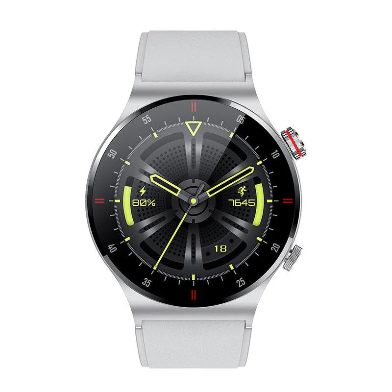 Smart sports watch with black silicone wristband and 1.28-inch touch screen displaying fitness metrics
