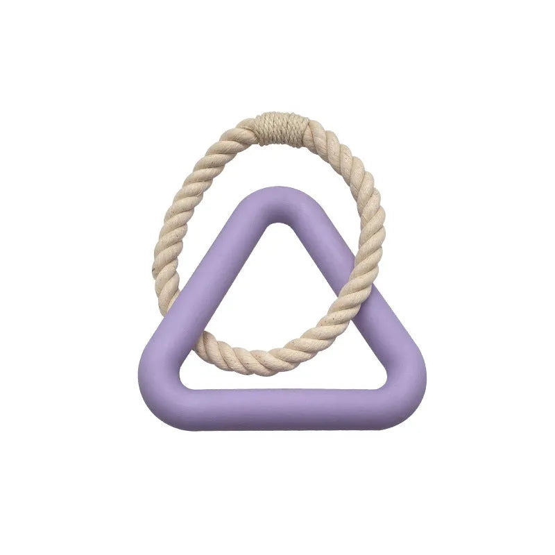 Large triangular pull ring dog toy with twisted cotton rope in beige, pink, or purple.