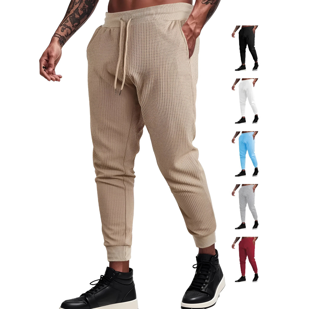 Men's casual loose solid colour waffle knit drawstring pants in khaki, front view, on white background