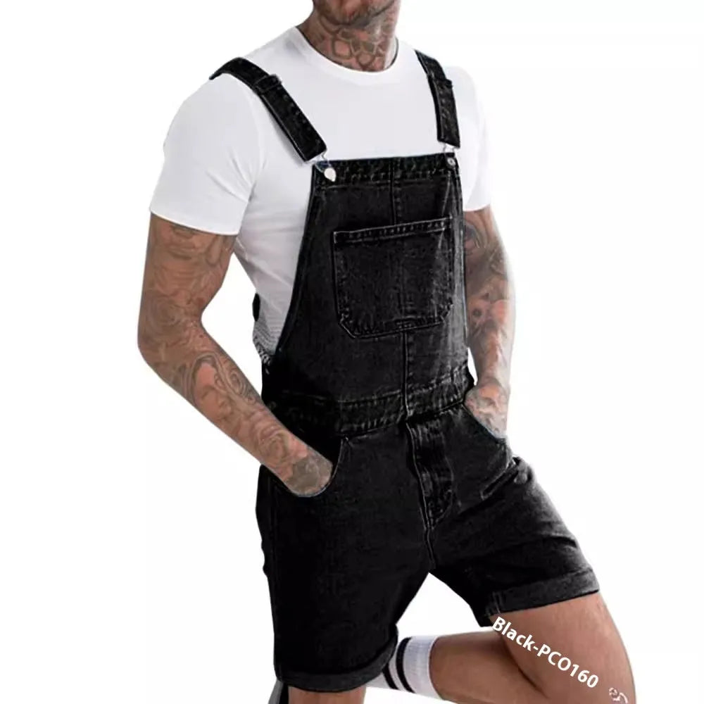 Men's black denim suspender trousers with straight legs and a zip fly on a hanger.