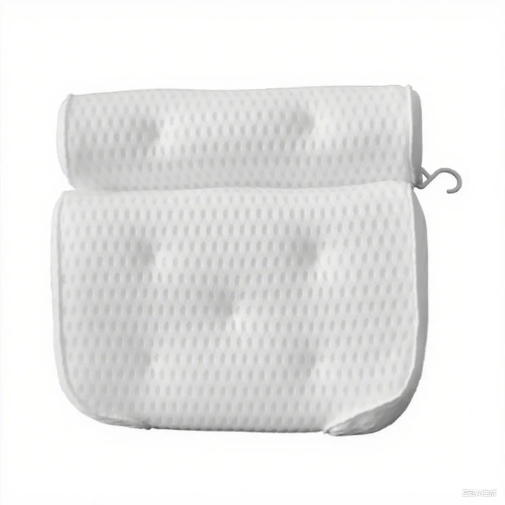 White bathtub pillow with suction cups on a 4D mesh surface.