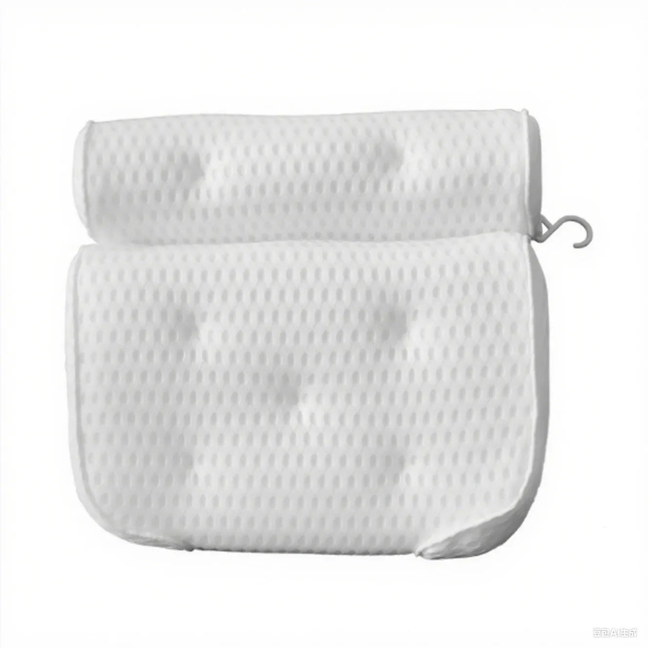 White bathtub pillow with suction cups on a 4D mesh surface.