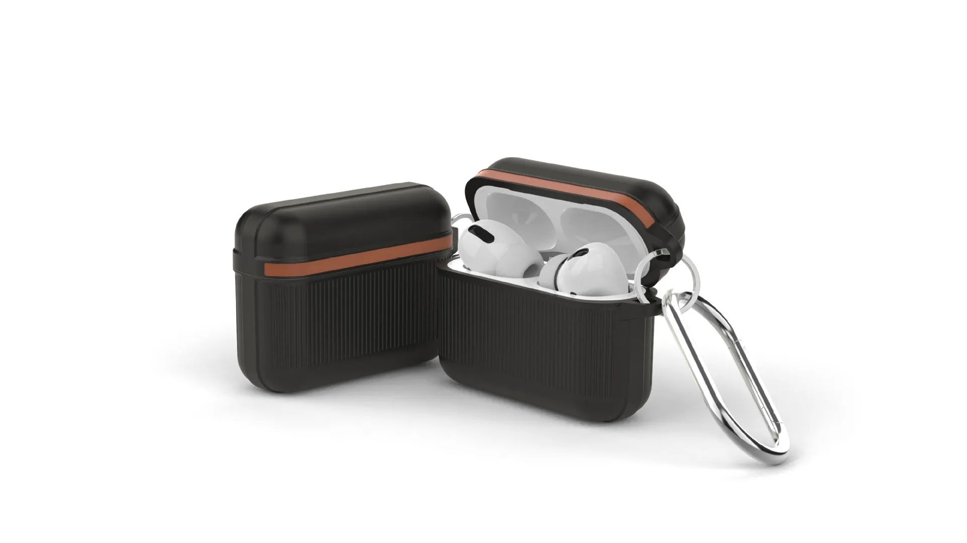 Silicone protective case for Apple AirPods in a clamshell design with a metal buckle attached.