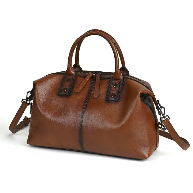 Women's genuine leather large capacity retro handbag in horizontal square shape with single shoulder strap, black colour