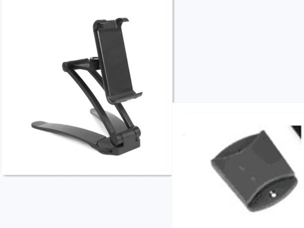 Silver aluminium desktop stand holding a tablet, showing 360-degree rotation and adjustable clamp mechanism.