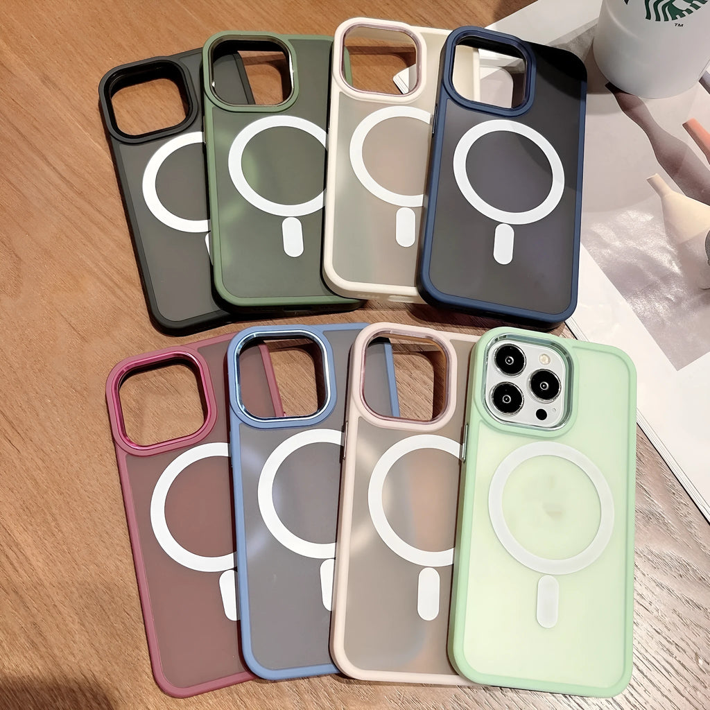Magnetic matte frosted PC phone case for iPhone 15 Pro Max in black colour with back magnetic ring visible