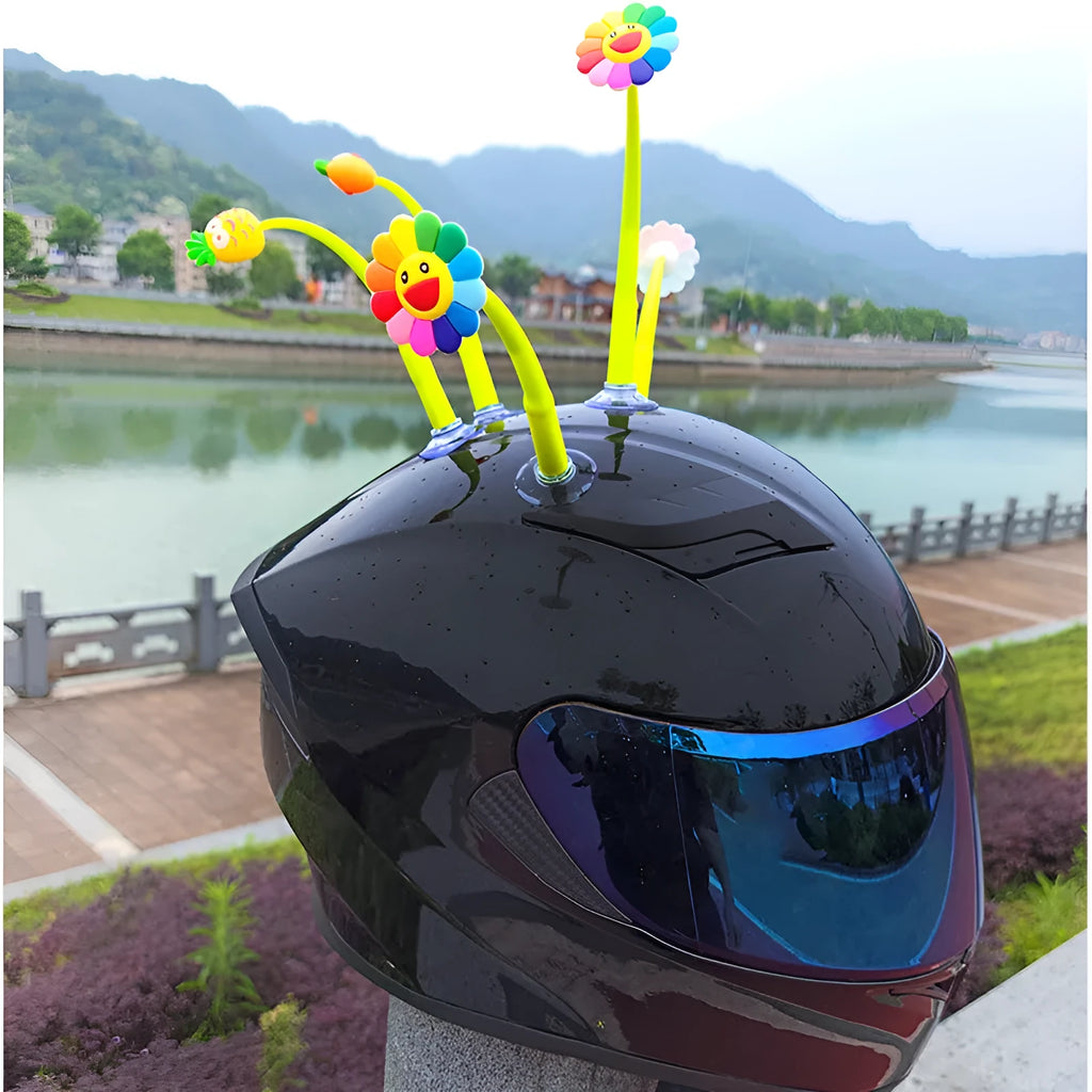 Silicone swinging sunflower decoration with suction cup for helmet personalisation.