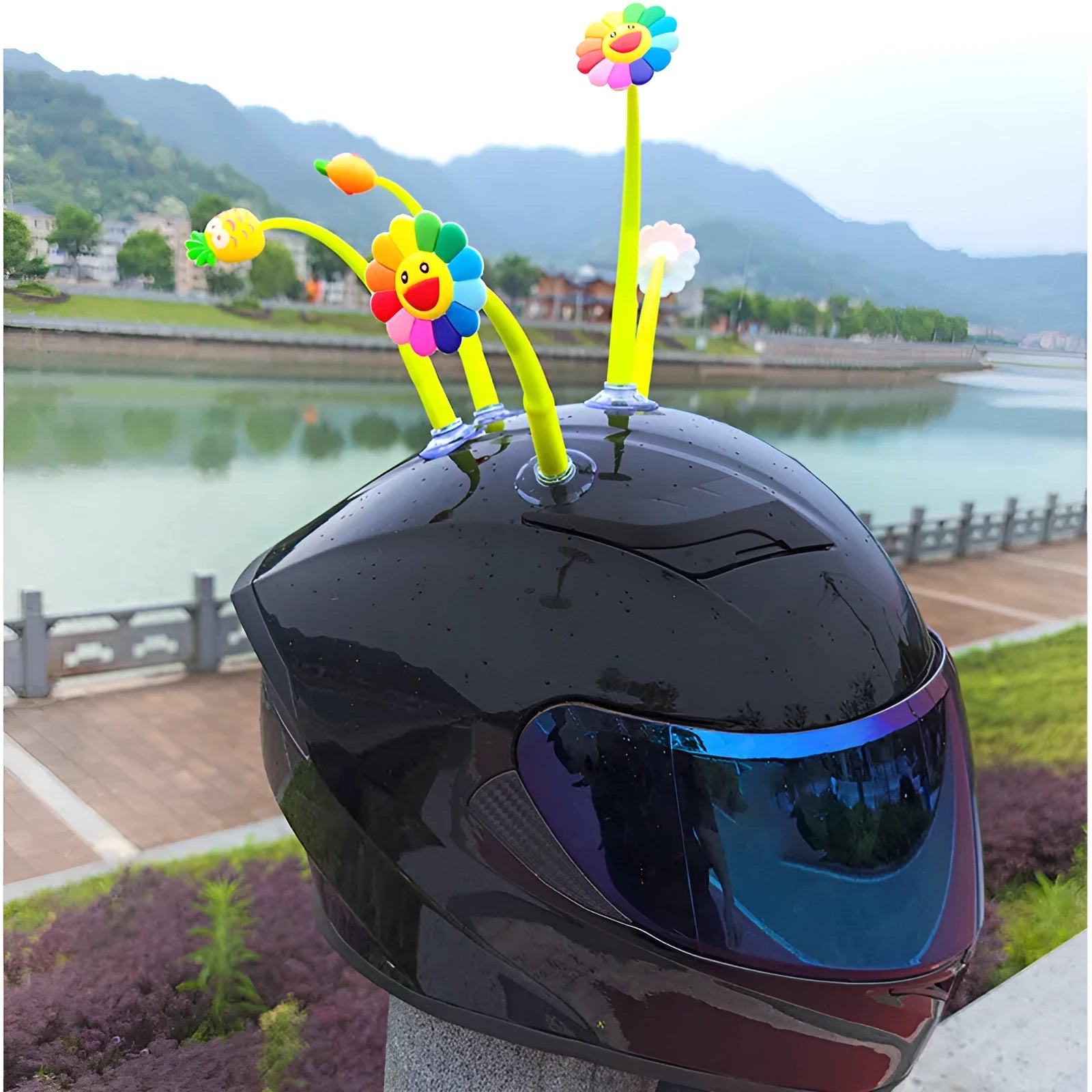 Silicone swinging sunflower decoration with suction cup for helmet personalisation.