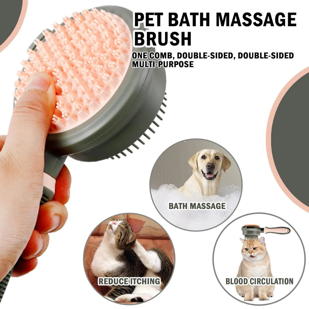 Pink and green double sided cat grooming brush showing slicker brush and flea comb sides with release button.