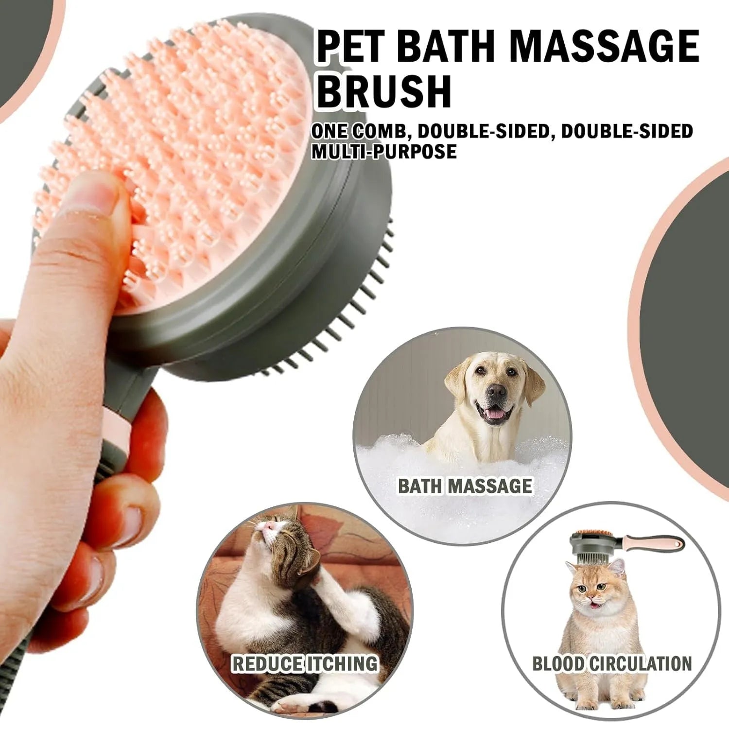 Pink and green double sided cat grooming brush showing slicker brush and flea comb sides with release button.