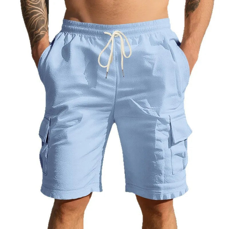 Men's cotton linen casual shorts with multiple pockets in loose straight-leg design