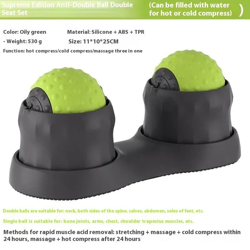 Caramel mocha and green massage balls for cold hot compress therapy on a wooden surface