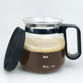 Transparent borosilicate glass coffee maker with silicone cover showing 355 to 473ml capacity