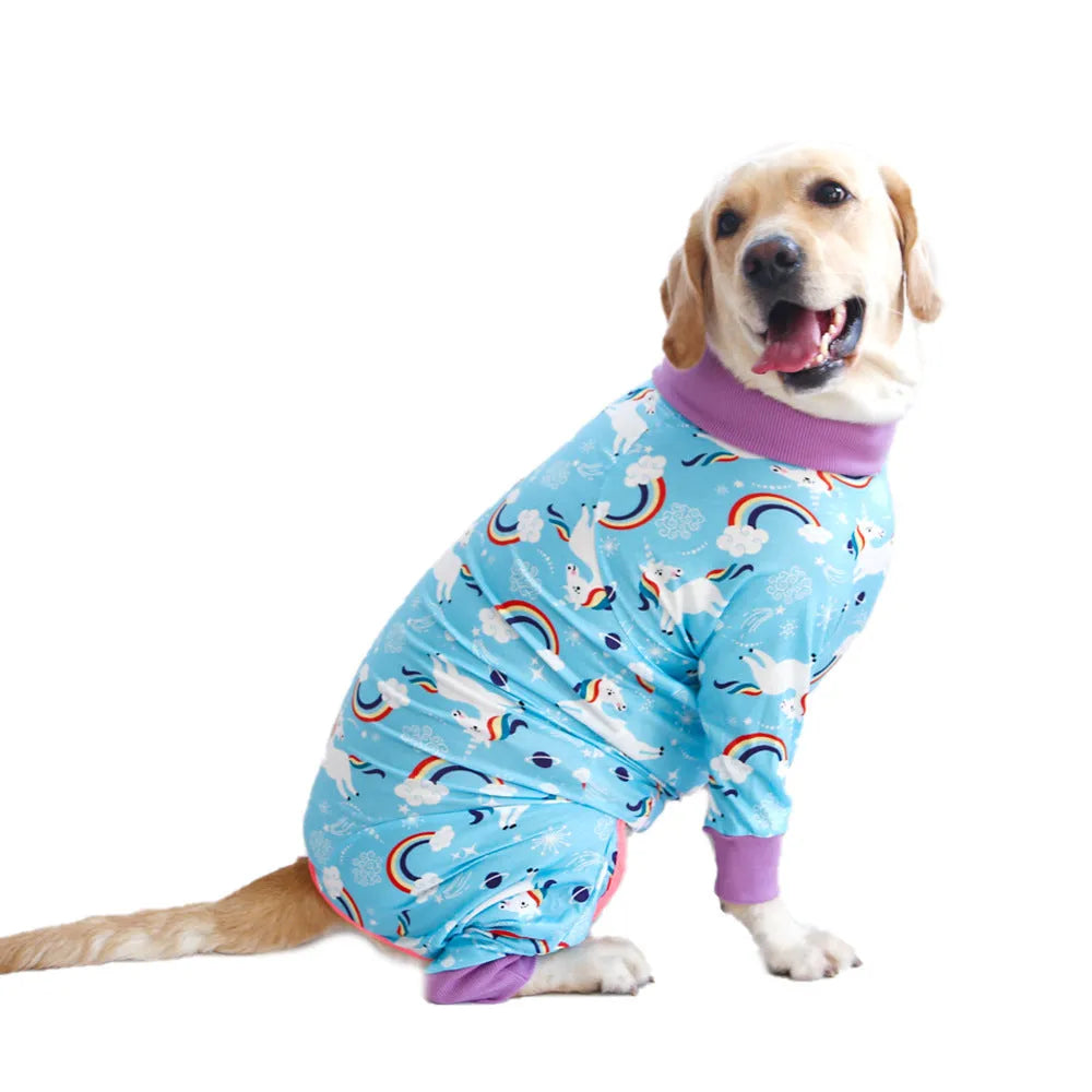 Cotton four-legged dog jumpsuit with colourful print pattern on small dog