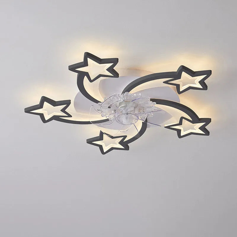 Modern white ceiling fan light with six-blade design and integrated light fitting on a room ceiling.