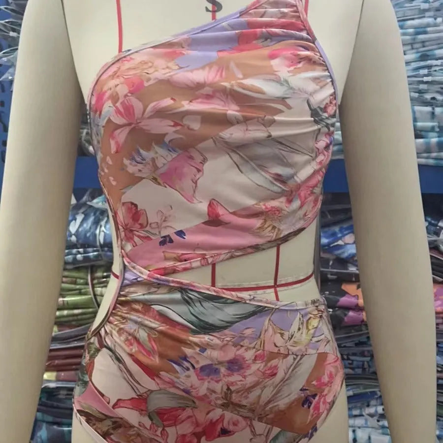 Women's patterned rose gold one-piece swimsuit with summer swimwear design