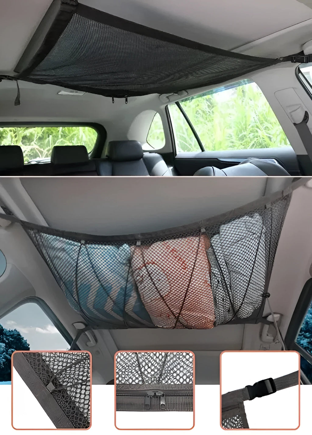 Black multifunctional hanging car storage bag with double-layer mesh, 60x80cm size, fitted on car top
