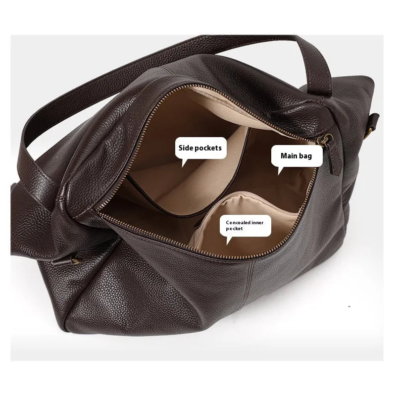 Brown genuine leather women's shoulder bag with square shape and shoulder strap