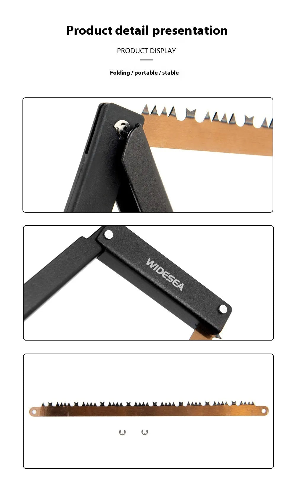 Black outdoor foldable saw with a PA66 nylon handle shown in both open and closed positions.