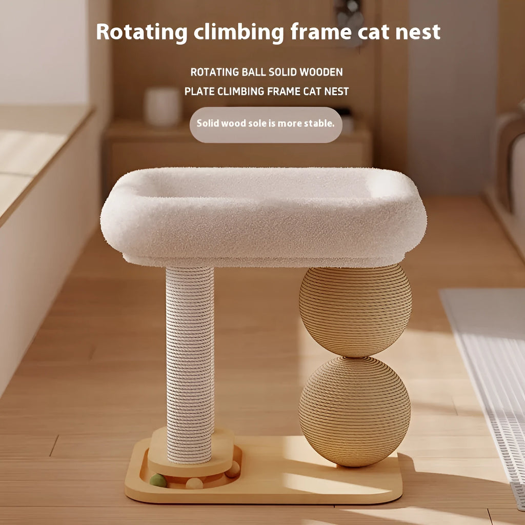 Natural pine wood cat nest with an elevated base and two balls on columns, one style with sisal rope texture.