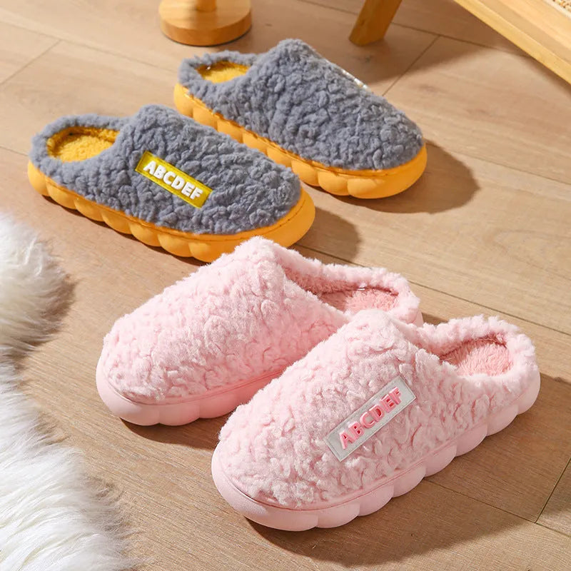 New Letter non-slip thick-soled fur slippers in beige with plush upper and PVC sole for indoor warmth