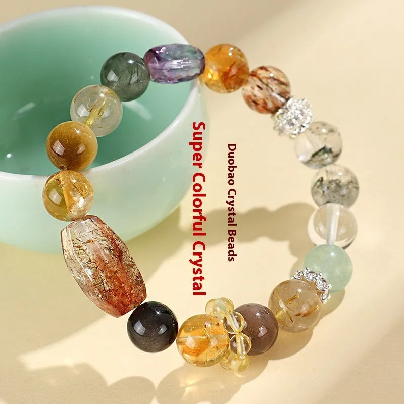 Handmade adjustable natural crystal beaded bracelet in black gold Duobao style