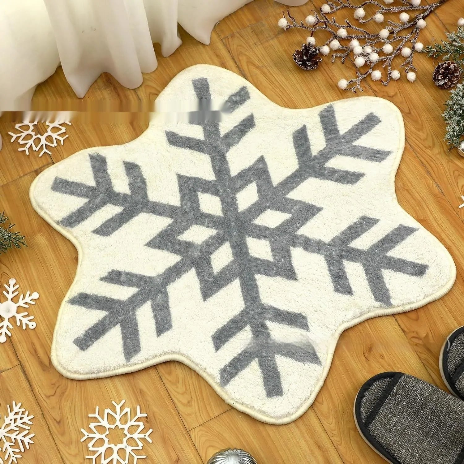Christmas printed polyester carpet with festive design in square shape on wooden floor