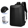 A black men's business backpack made of ABS PC and Oxford cloth, shown with curved shoulder straps.