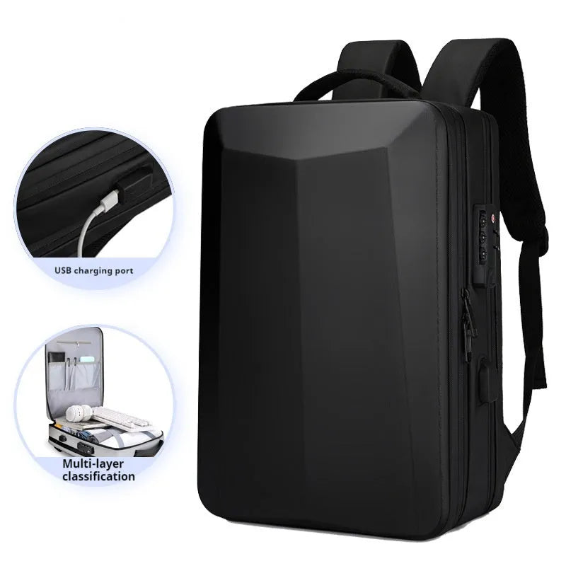 A black men's business backpack made of ABS PC and Oxford cloth, shown with curved shoulder straps.