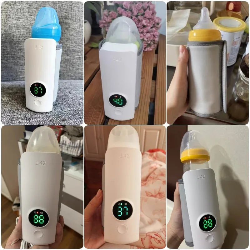 Portable milk warmer with white digital display, USB cable, and 6000mAh battery for bottle warming